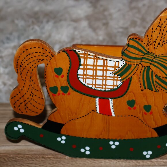 Vintage Rocking Horse Holiday Decor Square Box Christmas Planter Pens Utensils - Picture 3 of 12